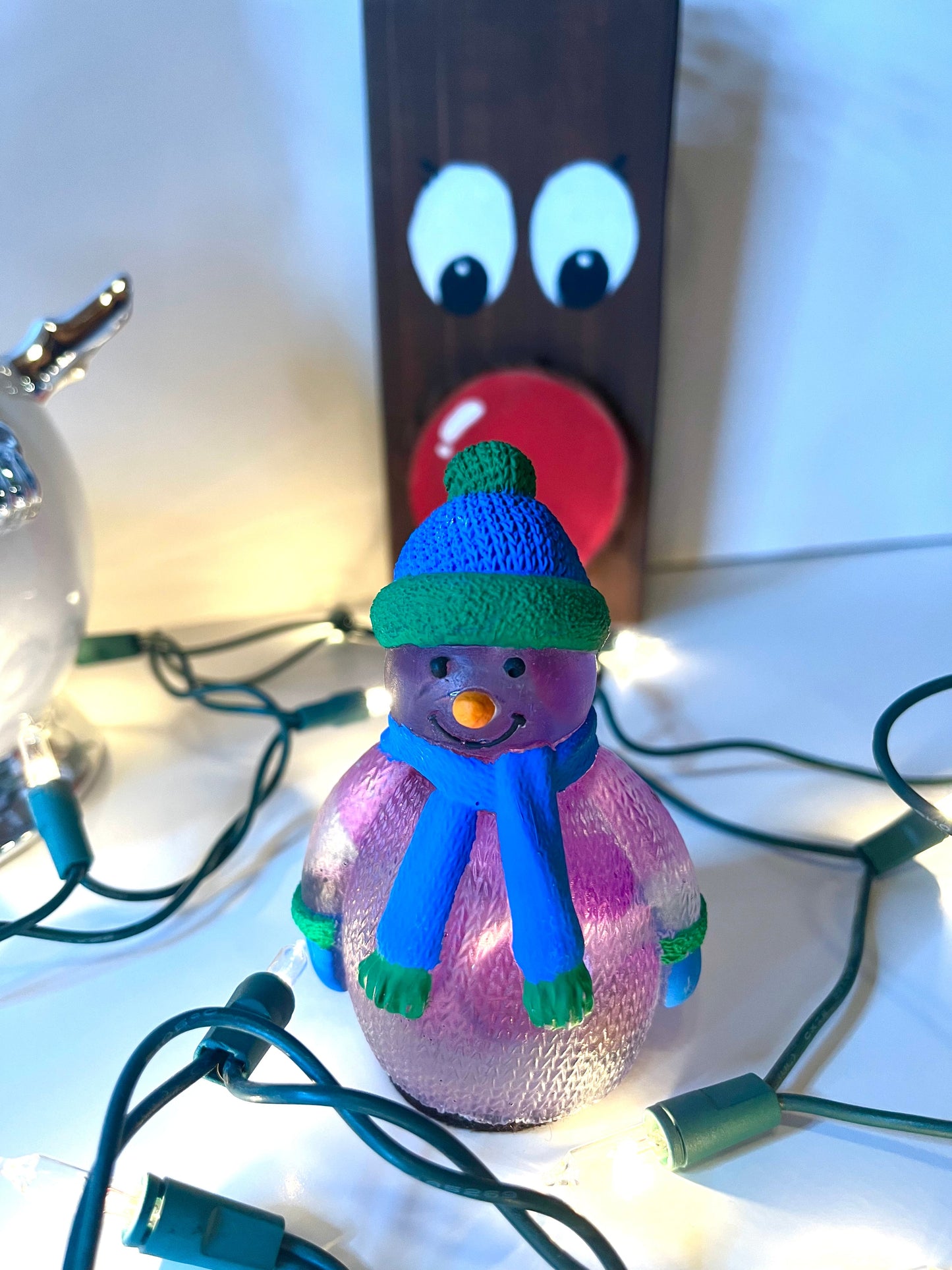 Pink Snowman with Blue and Green