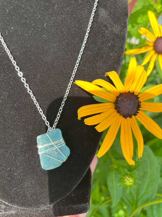 Sky blue square seaglass necklace