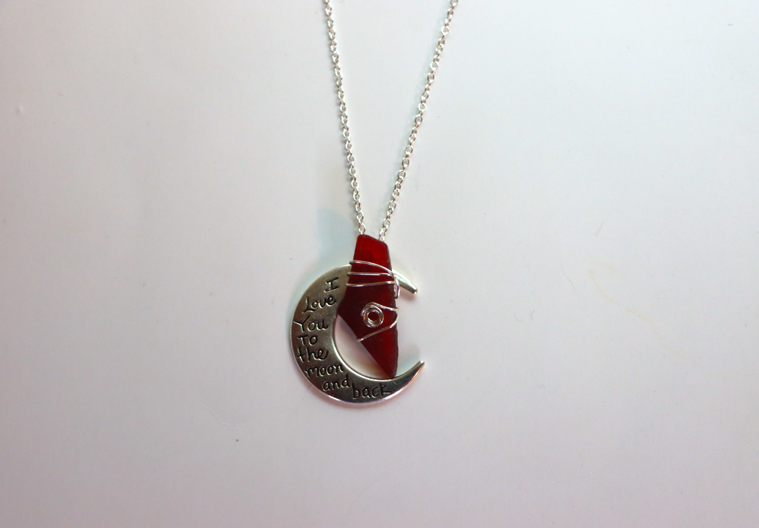 Red seaglass necklace with "I Love You To The Moon And Back" charm