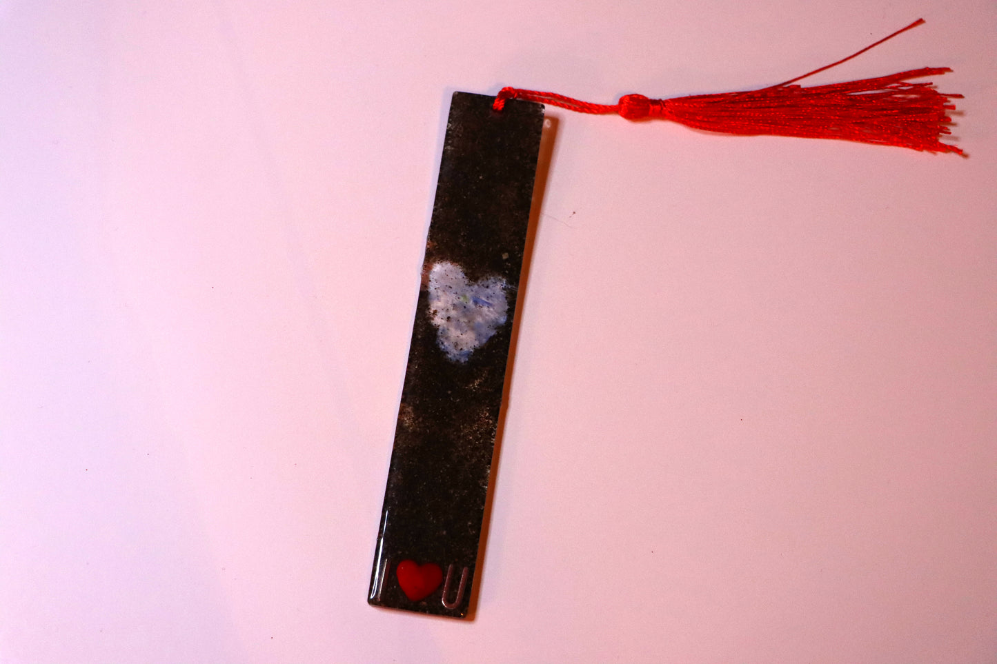 "I❤️U" with Seaglass Blue Heart Custom Bookmark with Red Tassel