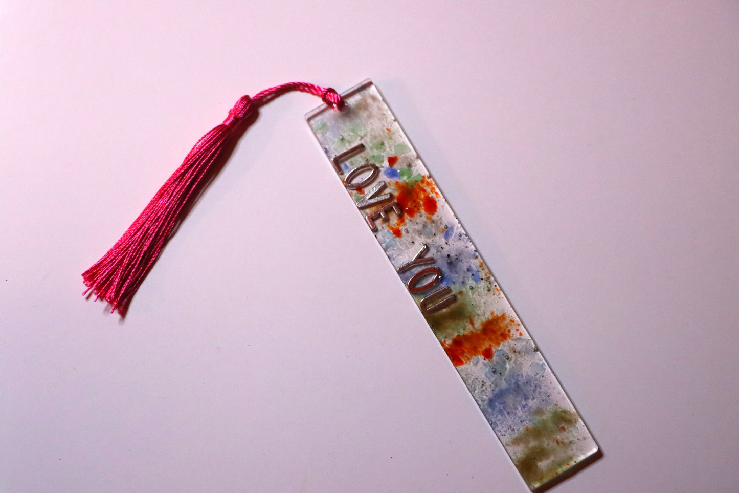 "Love You" Multicolor Custom Bookmark With Pink Tassel