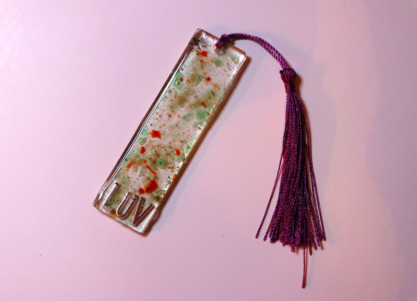 "LUV" Red and Green Custom Bookmark With Purple Tassel