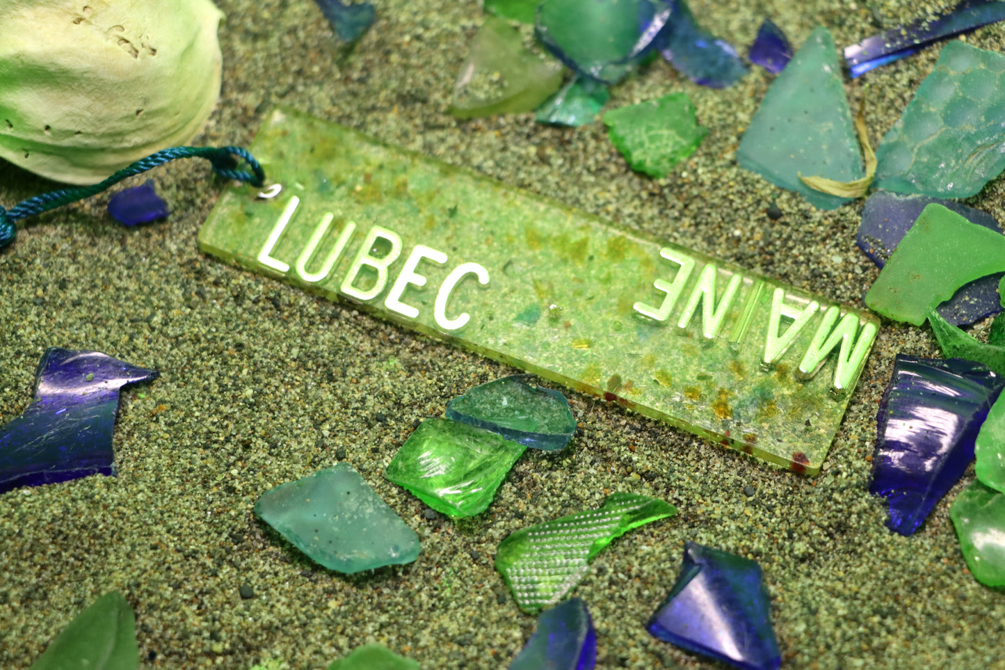 Multicolor "Lubec Maine" bookmark with dark blue tassel